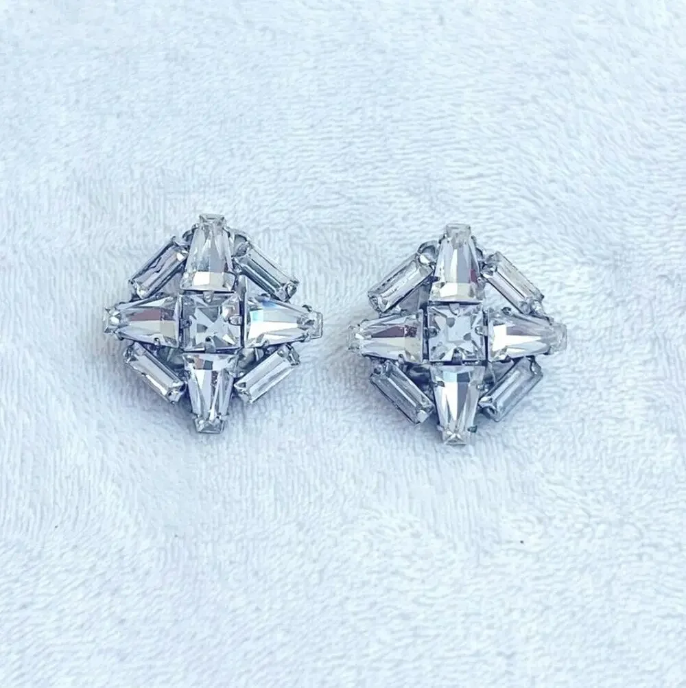 Vtg Weiss Art Deco Revival Clear Rhinestone Clip Earrings MCM Baguettes Signed